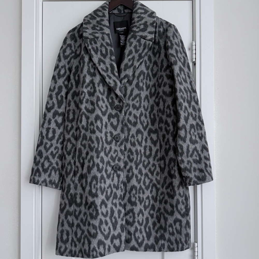 OLSEN WOOL BLEND LEOPARD PRINT COAT IN GREY
